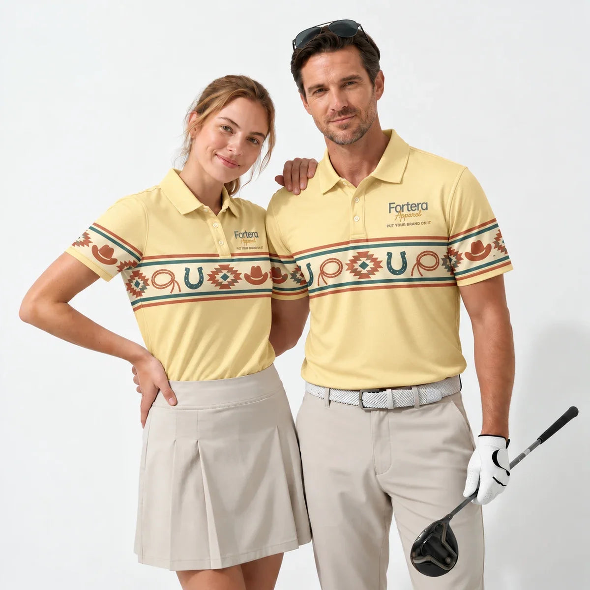 Western Aztec Print Polo Shirt with Fortera Apparel chest logo