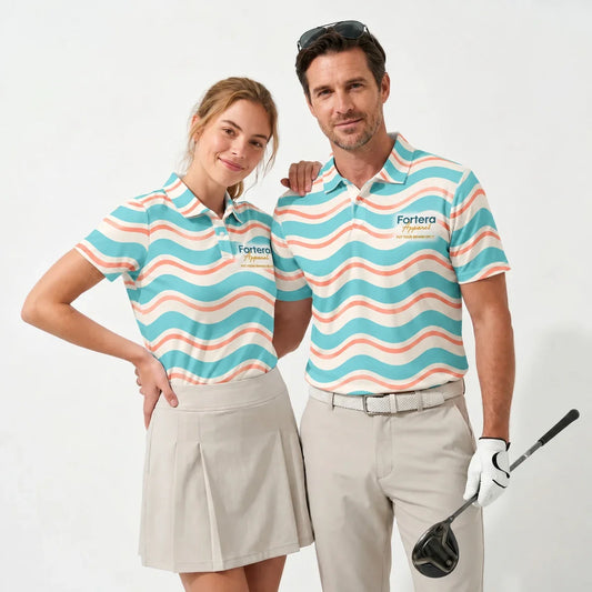 Wave Stripe Beach Polo Shirt with Fortera Apparel chest logo