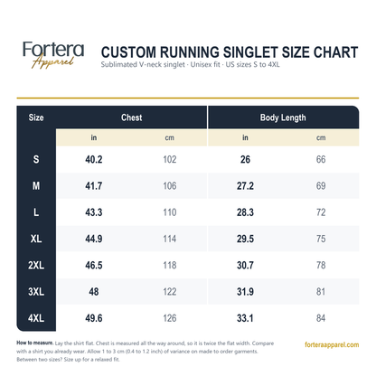 Custom running singlet size chart, US sizes S to 4XL, chest and body length