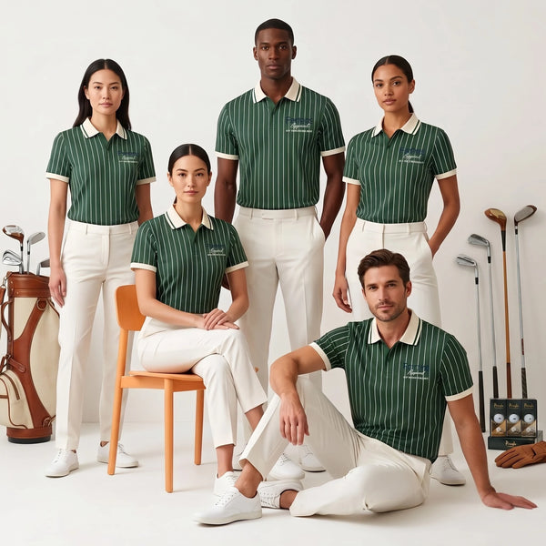 Sport team wearing matching custom sublimated green pinstripe polo shirts