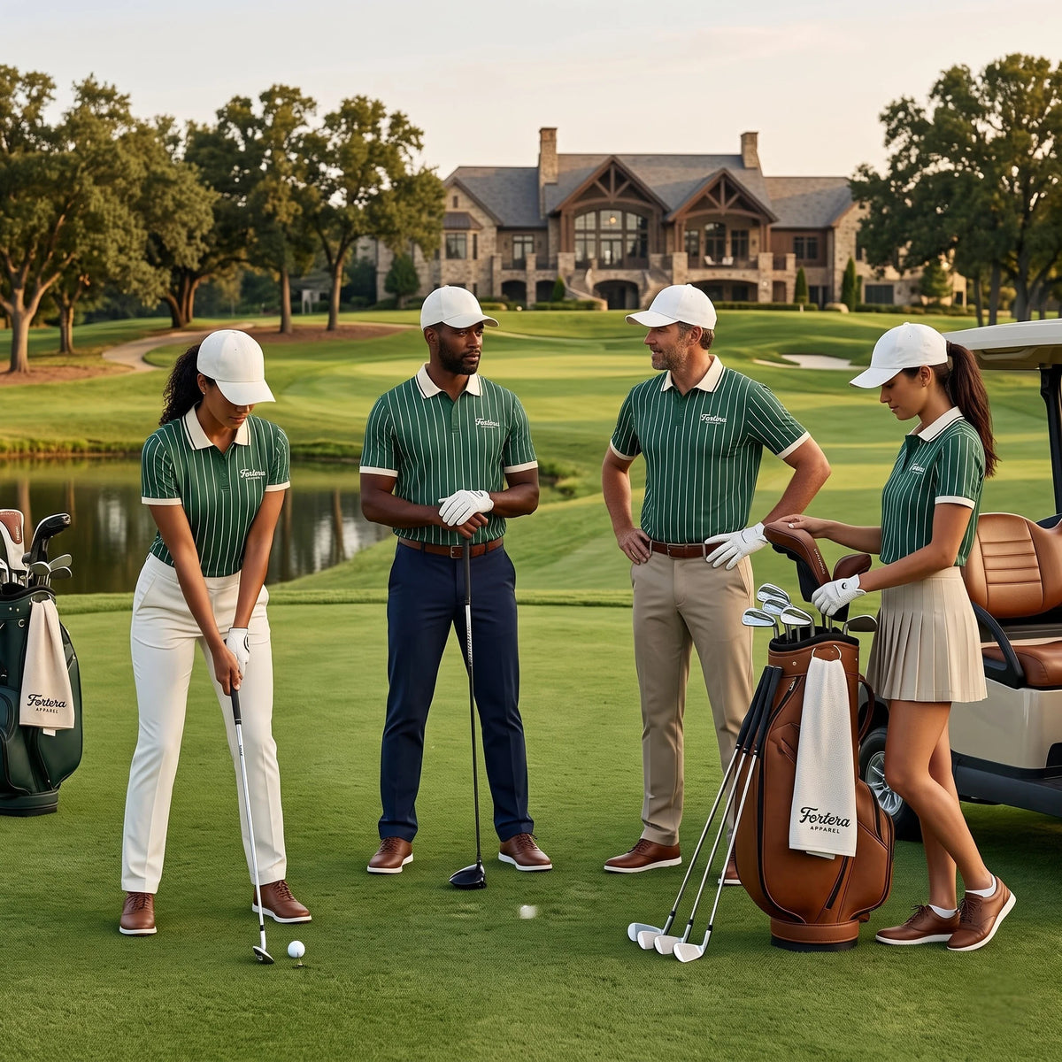 Custom sublimated polo shirts in a green pinstripe all over print design worn by a golf and sport team