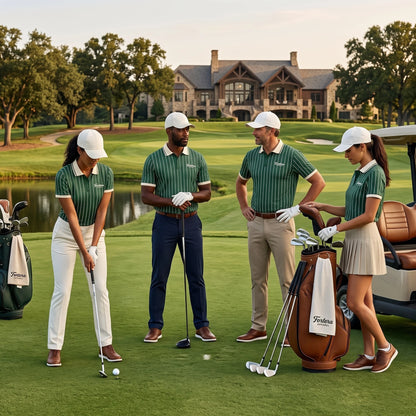 Custom sublimated polo shirts in a green pinstripe all over print design worn by a golf and sport team