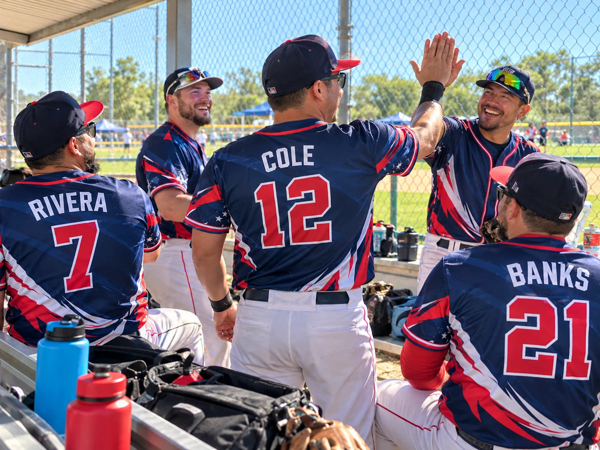 Adult rec league team wearing matching custom baseball jerseys with names and numbers