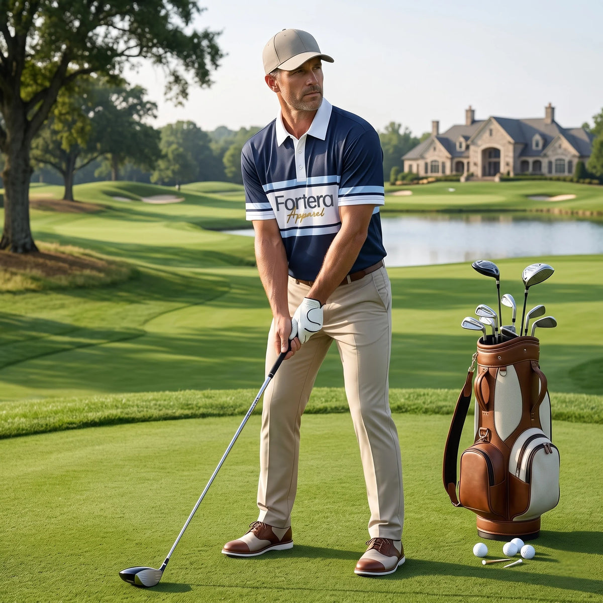 Navy stripe custom team polo worn by a golf team on the course