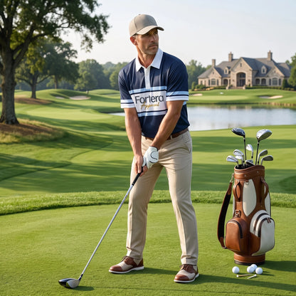 Navy stripe custom team polo worn by a golf team on the course