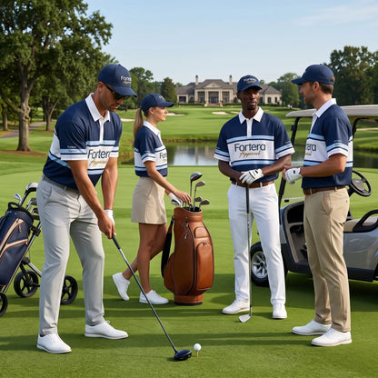 Custom team polo shirts with logo in a navy stripe sublimated design