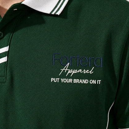 Close-up of embroidered chest logo on green custom polo shirt
