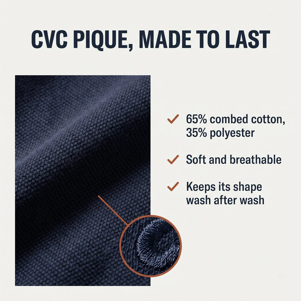 Close-up of CVC cotton pique polo fabric with embroidery stitching