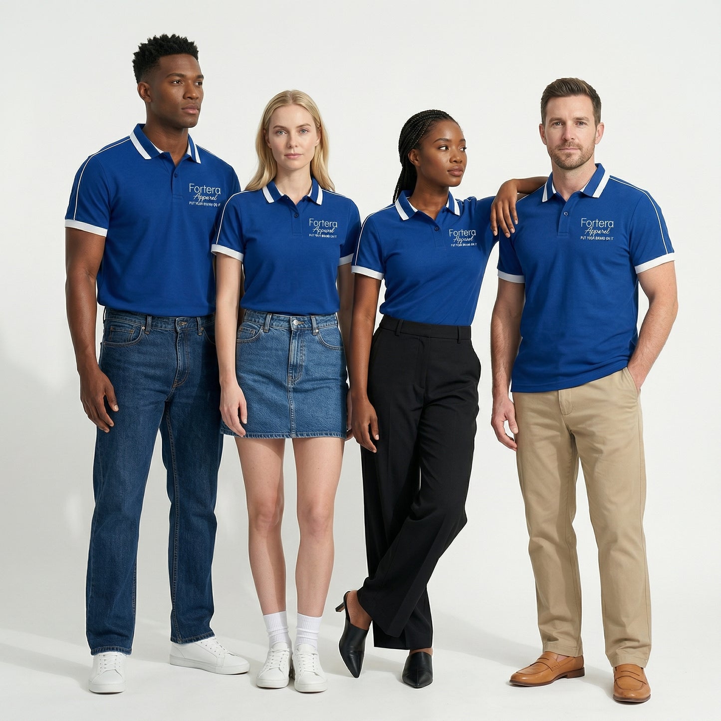 Royal blue embroidered polo shirt with white shoulder piping detail - back view