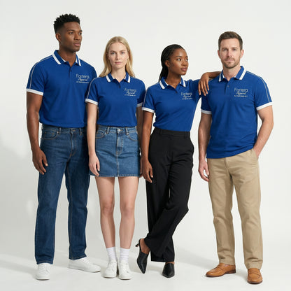 Royal blue embroidered polo shirt with white shoulder piping detail - back view