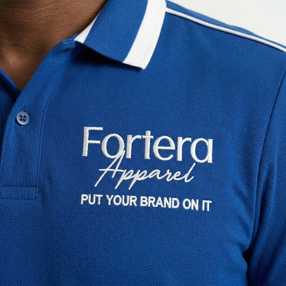 Royal blue embroidered polo shirt with white shoulder piping detail - male fit