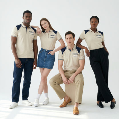 Beige embroidered polo shirt with navy yoke panel across shoulders - back view
