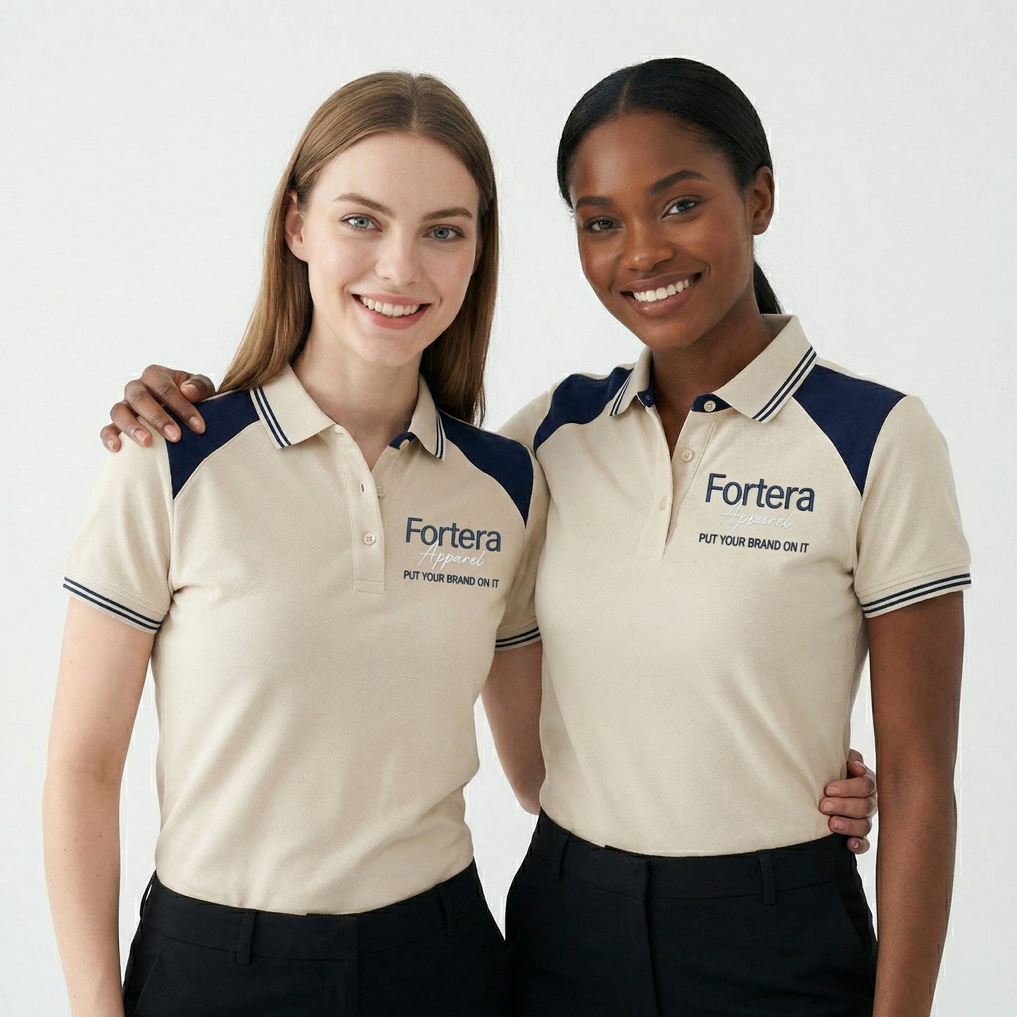 Beige embroidered polo shirt with navy yoke panel across shoulders - side view