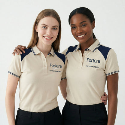 Beige embroidered polo shirt with navy yoke panel across shoulders - side view