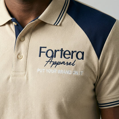 Beige embroidered polo shirt with navy yoke panel across shoulders - male fit