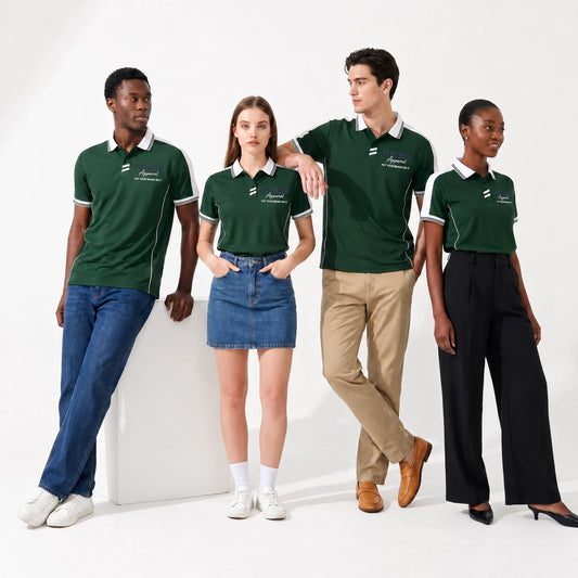 Group in green contrast embroidered polo shirts with company logo