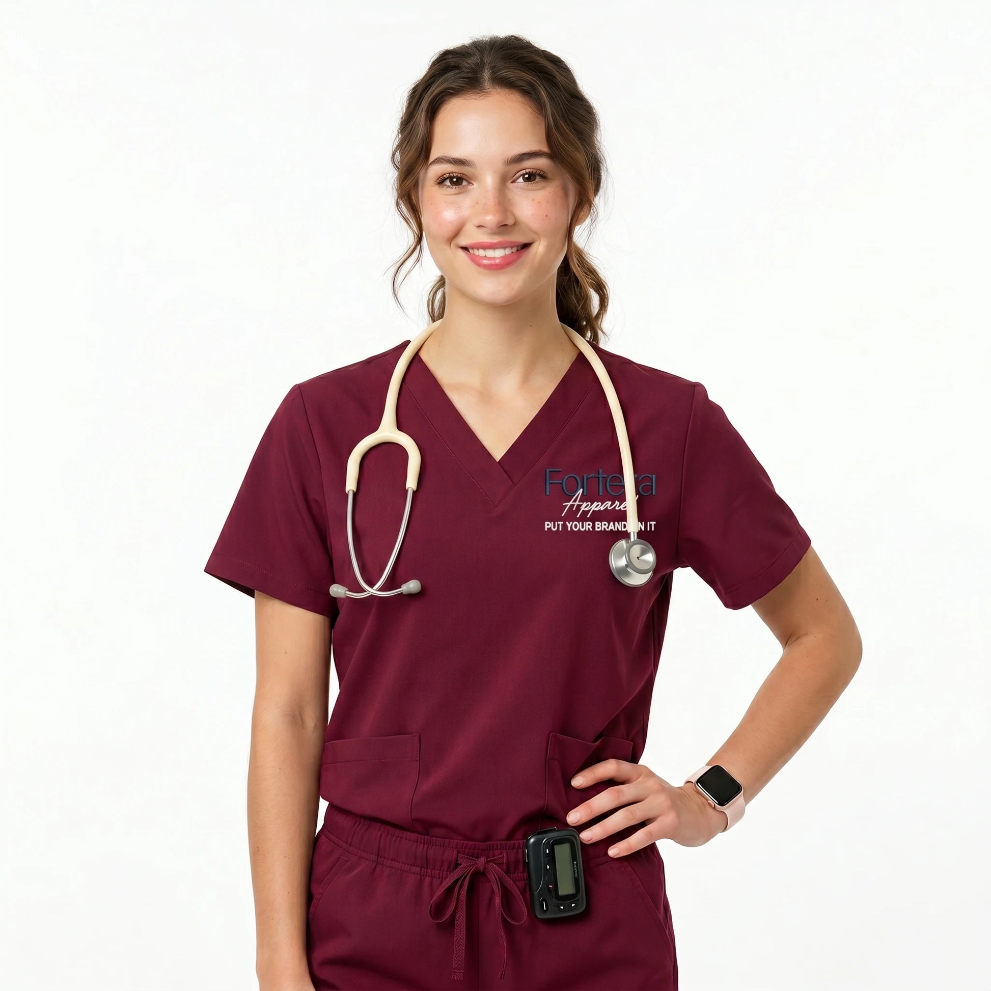 Essential Embroidered Scrubs Set close-up chest embroidery logo - Fortera Apparel