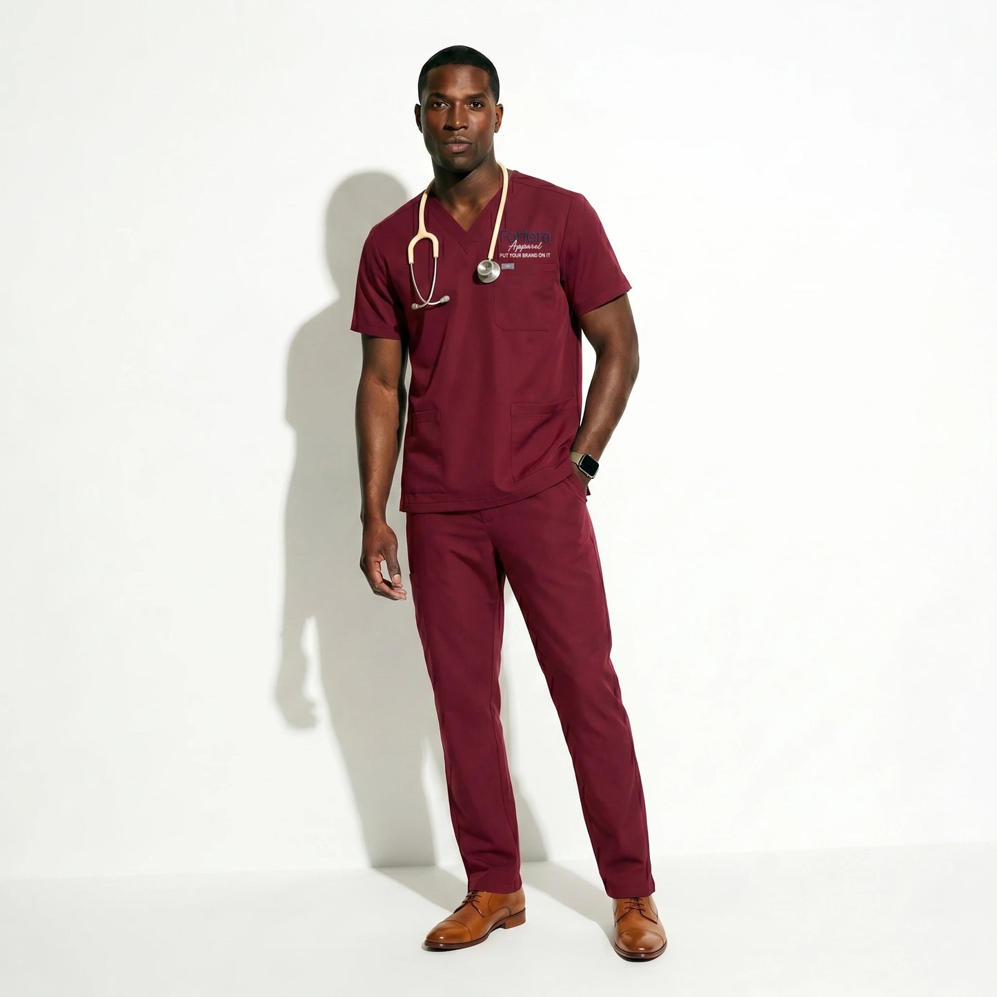 Essential Embroidered Scrubs Set side angle fabric drape detail - Fortera Apparel