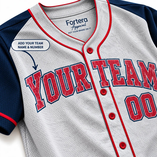 Close-up of the Faded Heather vintage baseball jersey lettering and piping