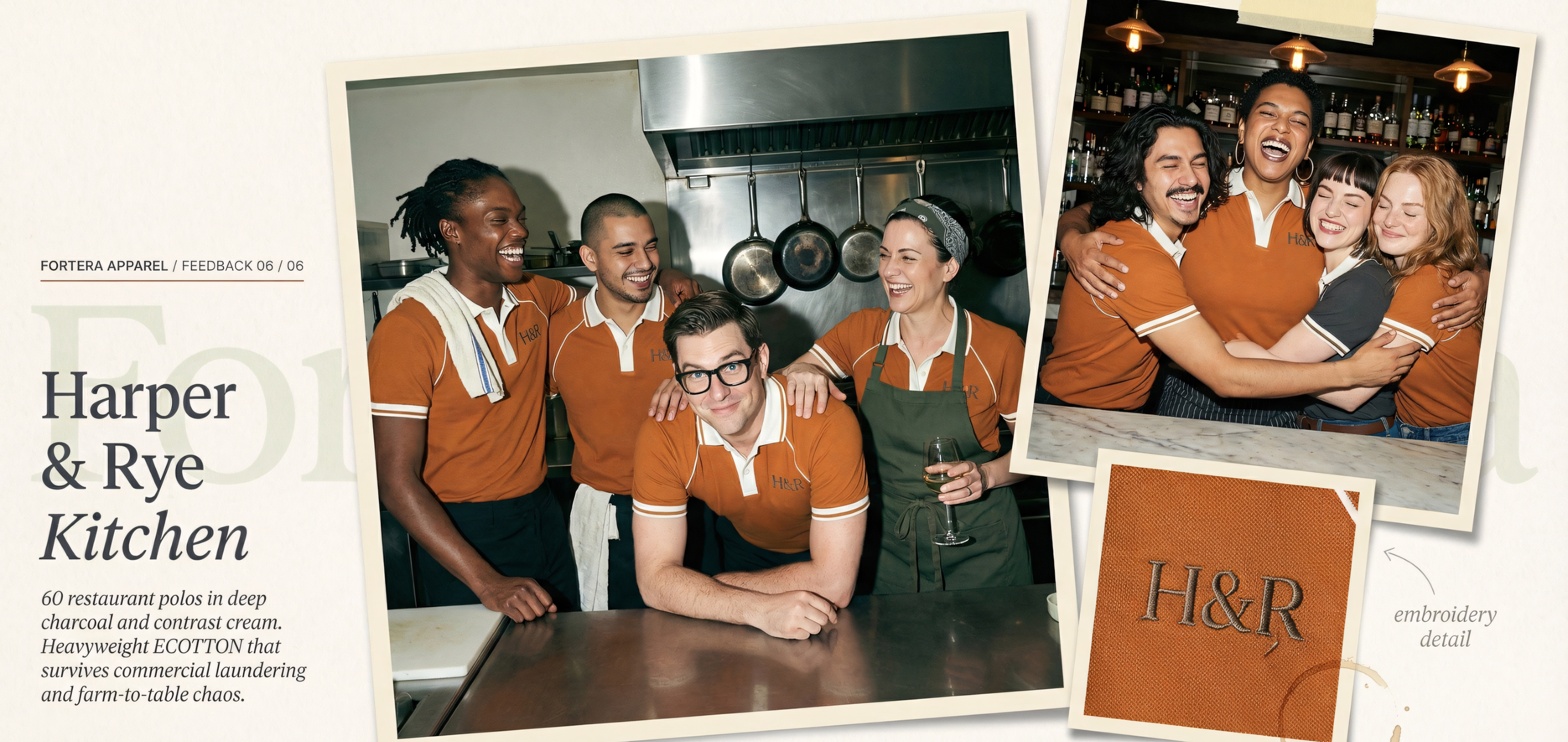 Harper and Rye Kitchen Brooklyn restaurant team in custom charcoal and cream restaurant polo shirts with company logo by Fortera Apparel