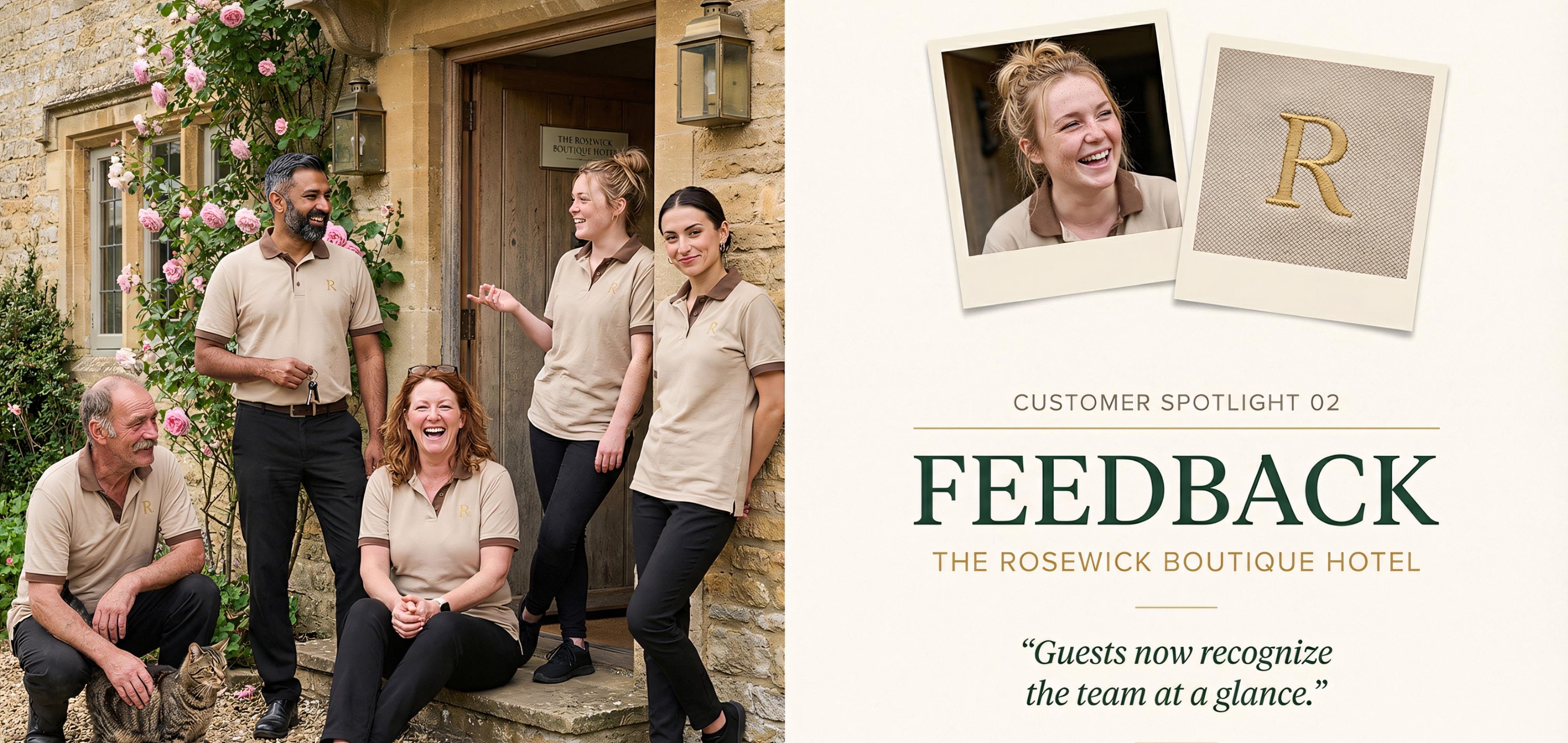 The Rosewick Boutique Hotel staff in custom embroidered forest green hotel polo shirts with logo by Fortera Apparel, Cotswolds UK