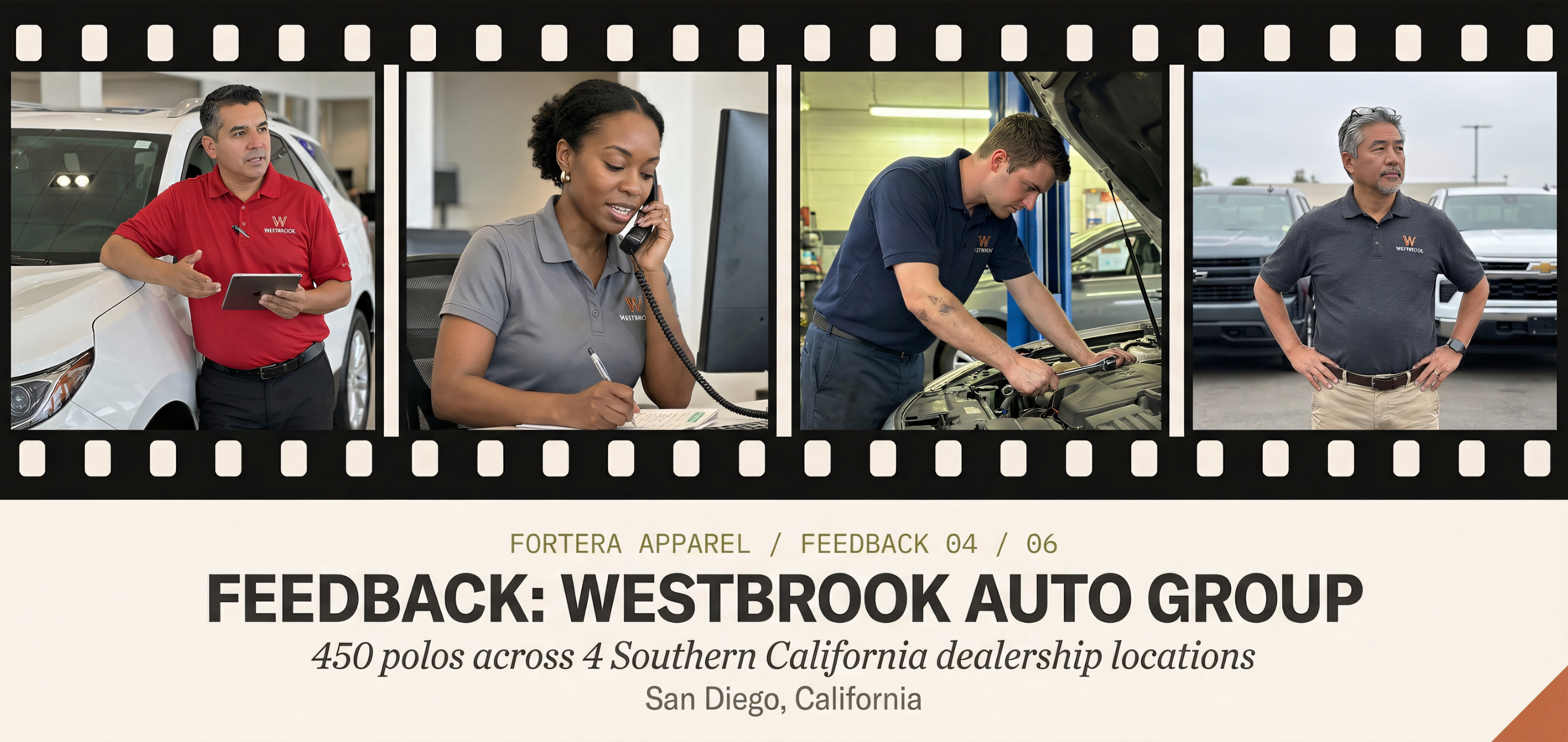 Westbrook Auto Group dealership team in custom embroidered dealership polo shirts with logo by Fortera Apparel, Southern California