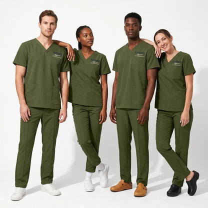 FIONX Signature Embroidered Scrubs Set healthcare uniform front view detail - Fortera Apparel