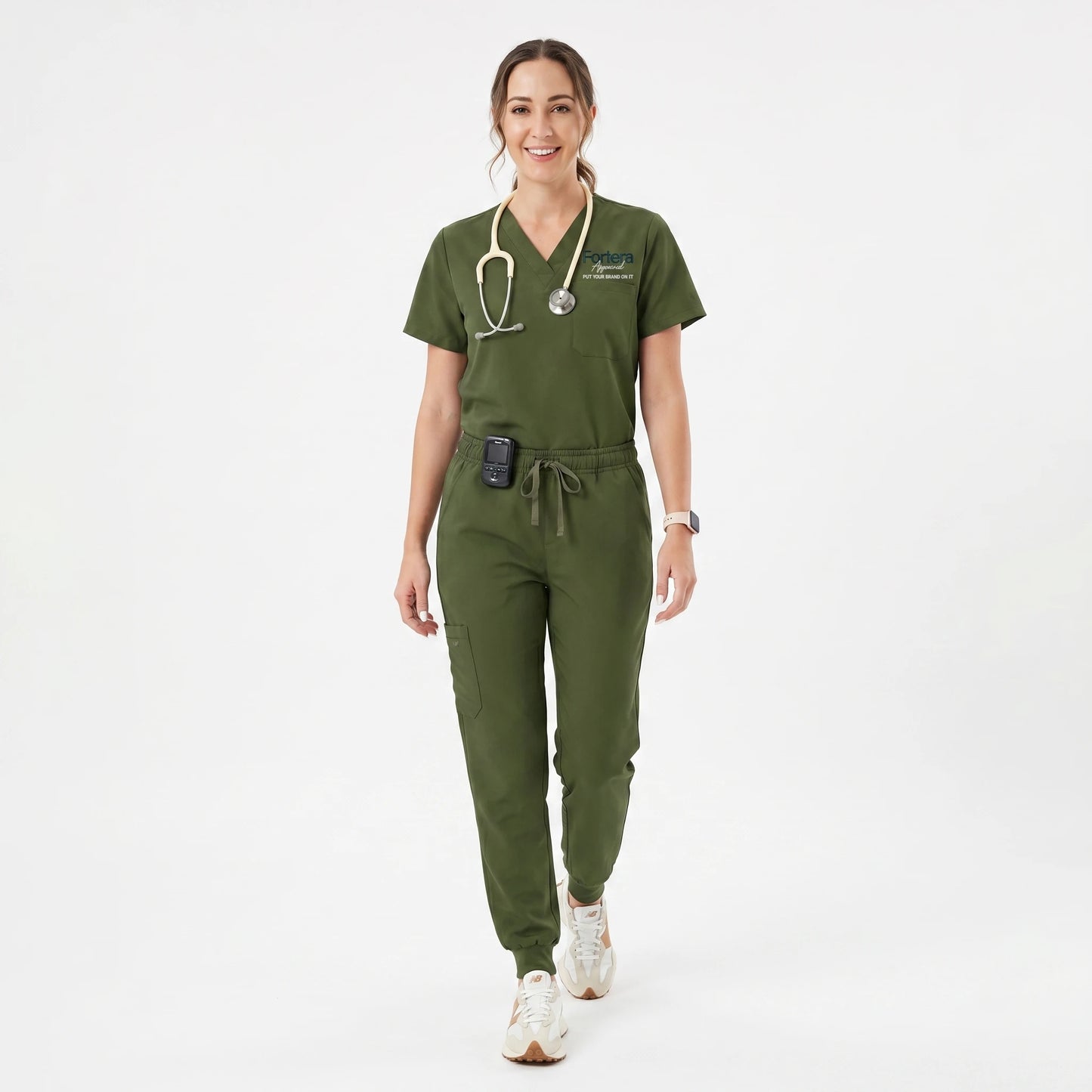 FIONX Signature Embroidered Scrubs Set side angle fabric drape detail - Fortera Apparel