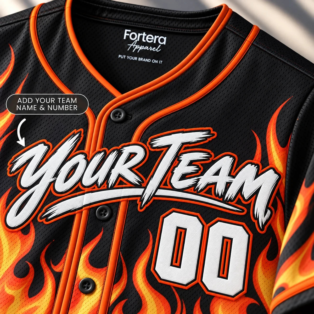 Close-up of the Flame Burst cool baseball jersey lettering and piping