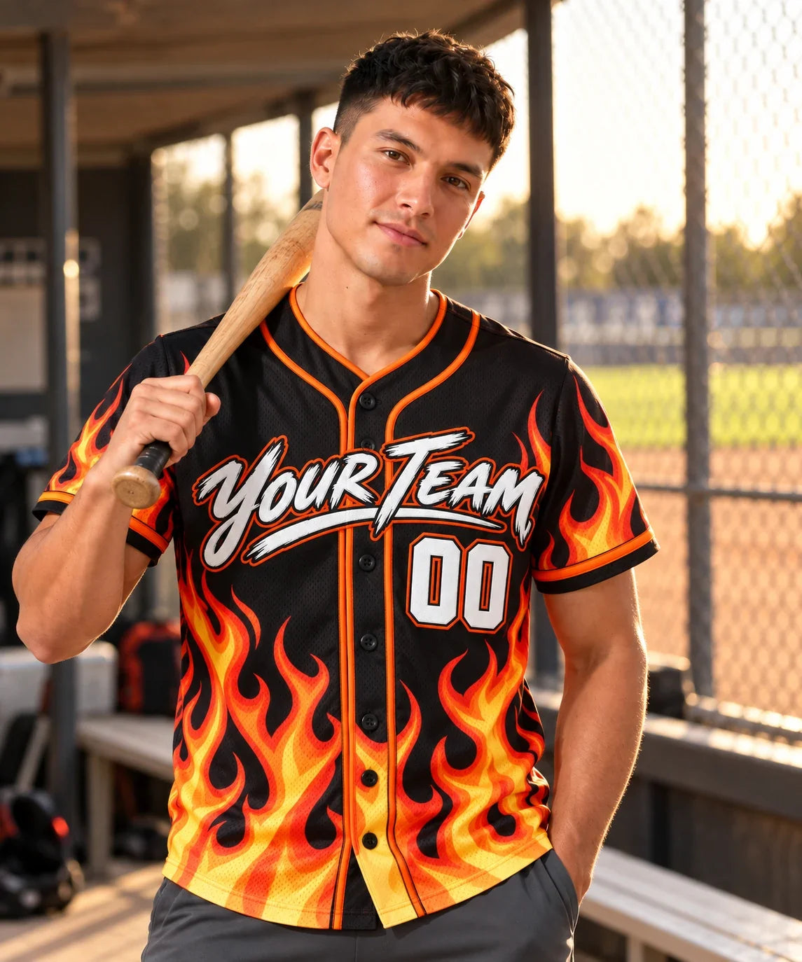Flame Burst cool baseball jersey on a baseball field