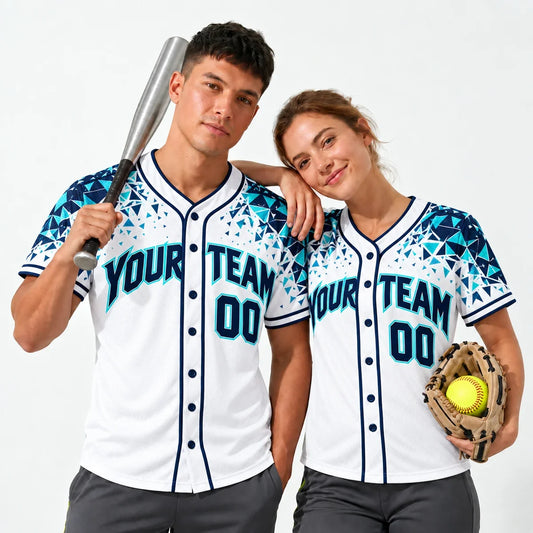 Geo Shatter softball jersey design worn by a baseball player and a softball player