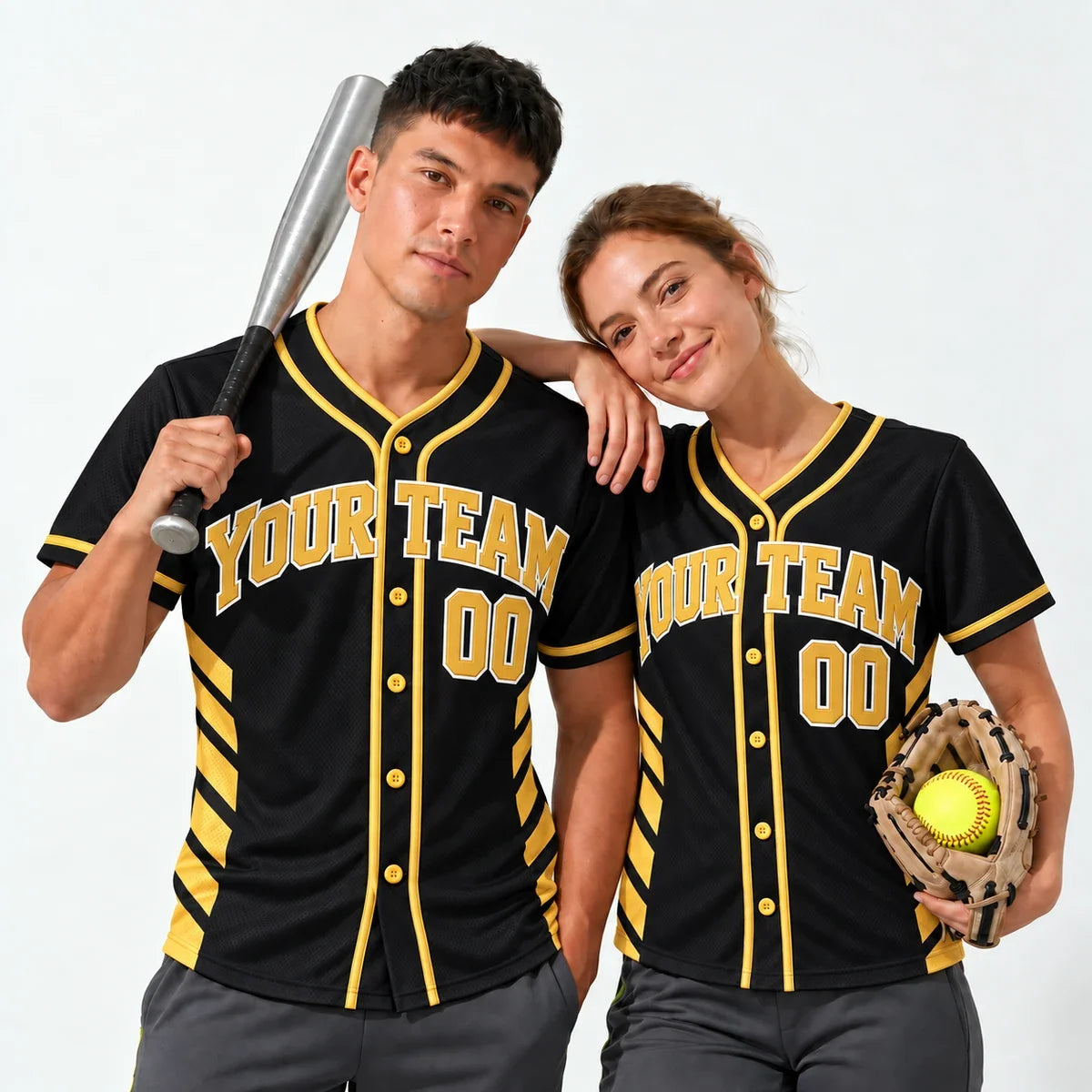 Gold Chevron black and gold baseball jersey worn by a baseball player and a softball player