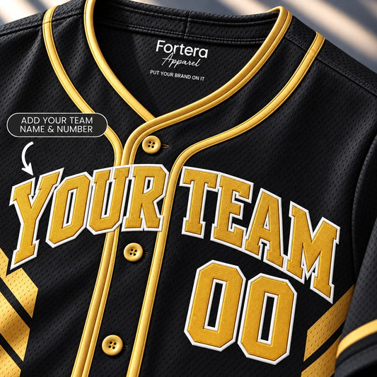 Close-up of the Gold Chevron black and gold baseball jersey lettering and piping