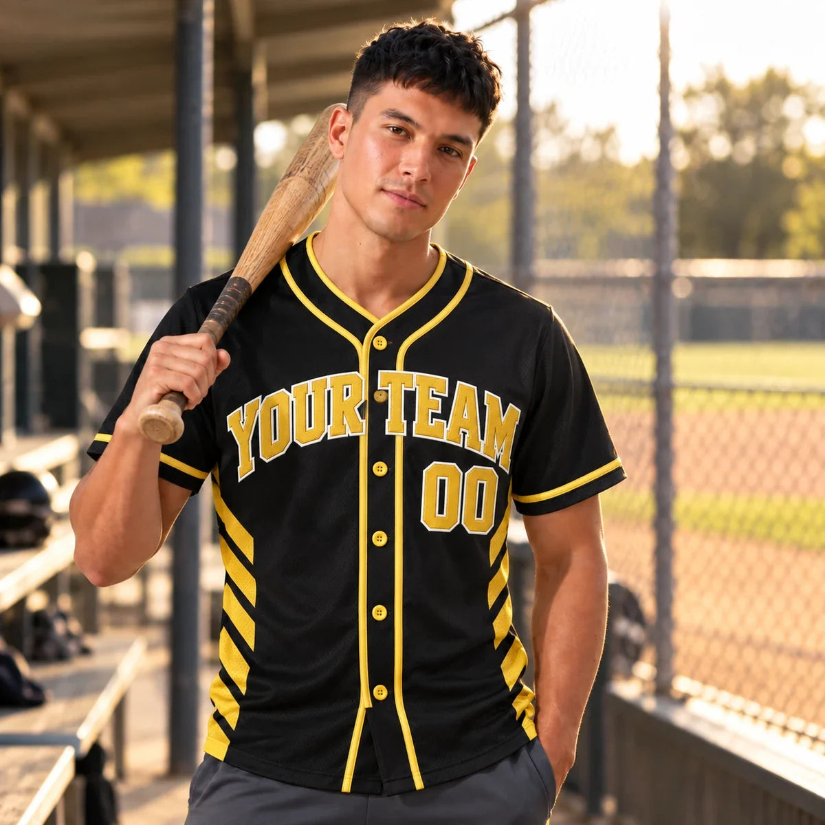 Gold Chevron black and gold baseball jersey on a baseball field