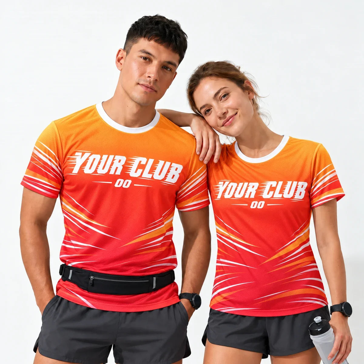 Heatwave Orange Running Shirt worn by a man and a woman
