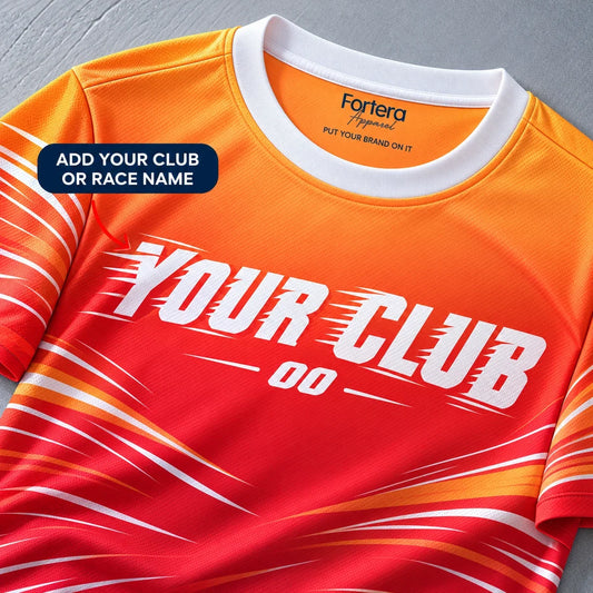 Close-up of the Heatwave Orange Running Shirt design and neck label