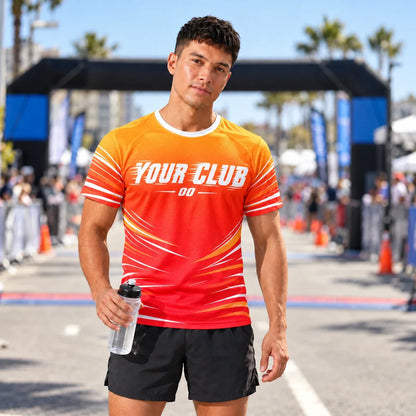 Runner wearing the Heatwave Orange Running Shirt at a race finish line