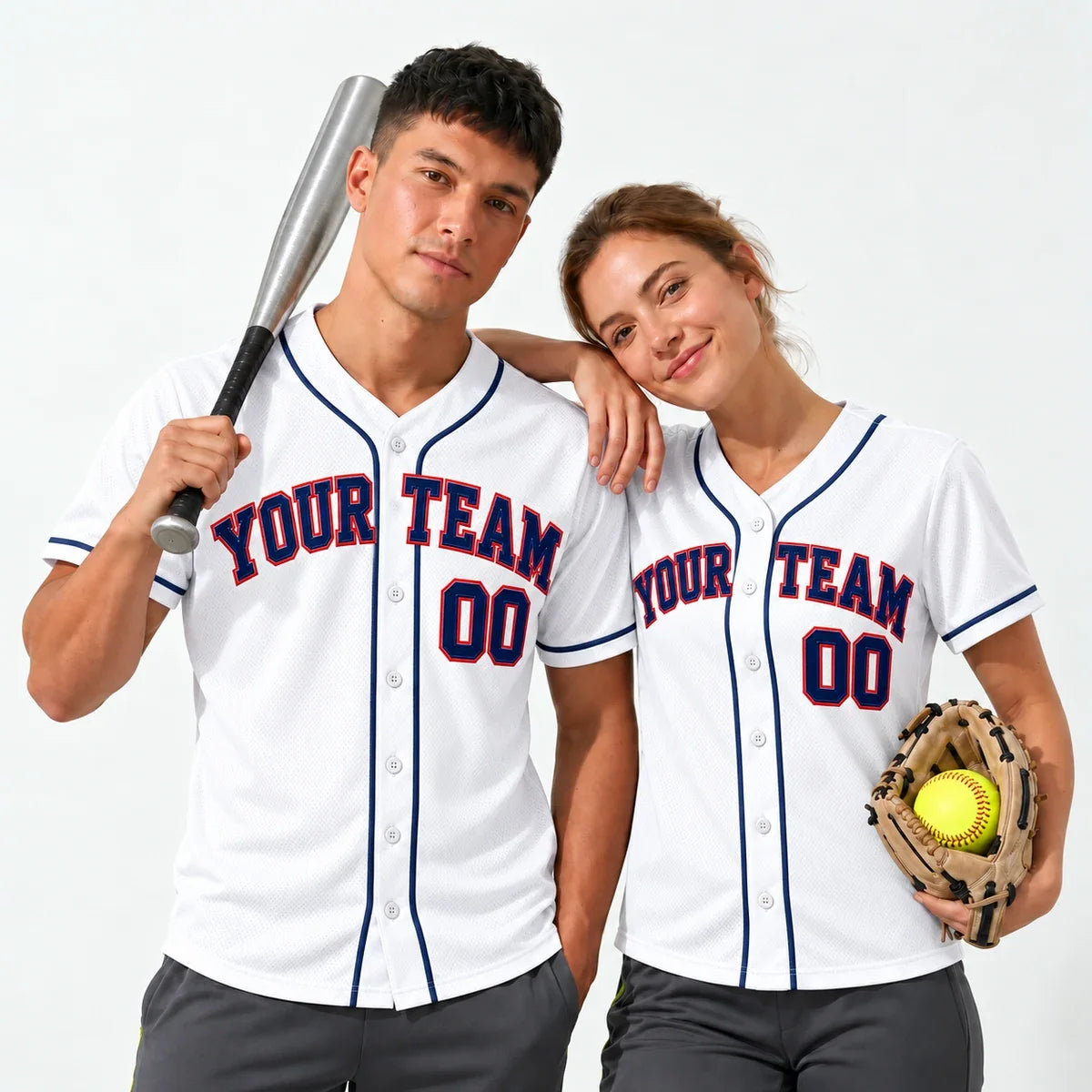Home Whites classic baseball jersey worn by a baseball player and a softball player