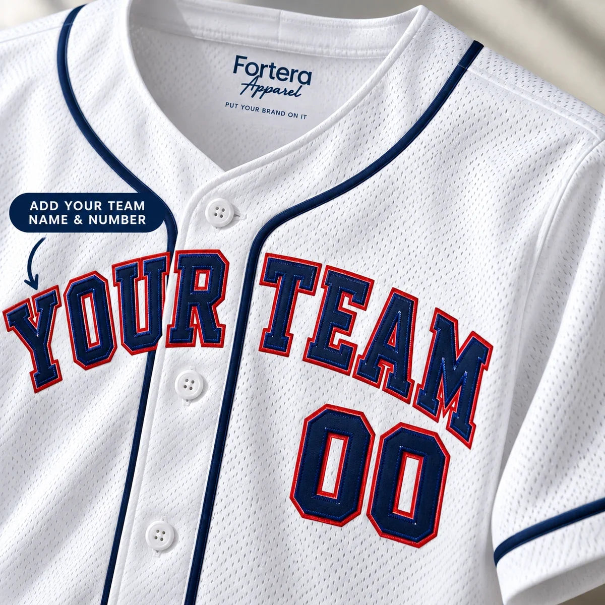 Close-up of the Home Whites classic baseball jersey lettering and piping
