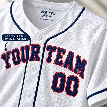 Close-up of the Home Whites classic baseball jersey lettering and piping