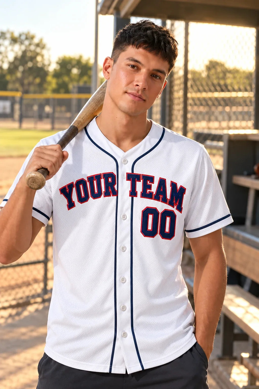 Home Whites classic baseball jersey on a baseball field