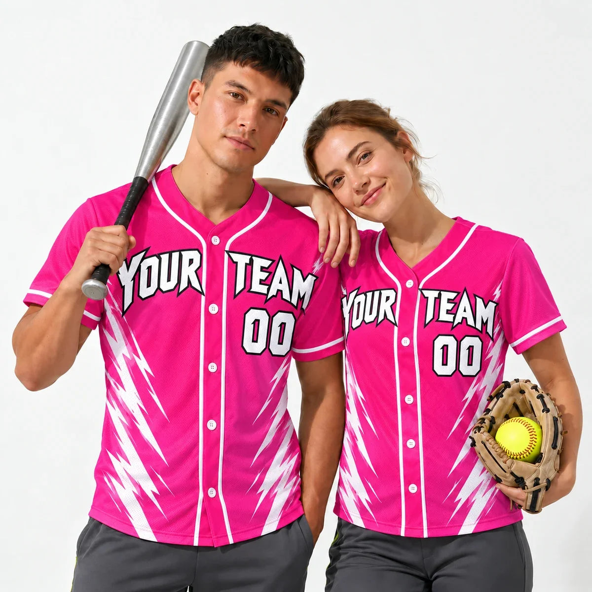 Hot Pink Bolt pink softball jersey worn by a baseball player and a softball player