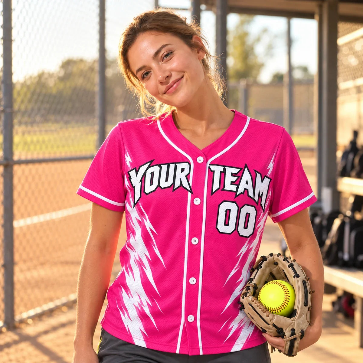 Hot Pink Bolt pink softball jersey on a softball field