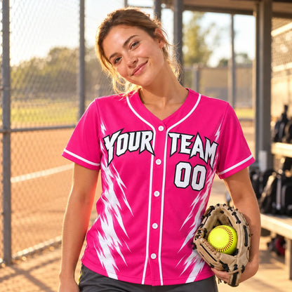 Hot Pink Bolt pink softball jersey on a softball field