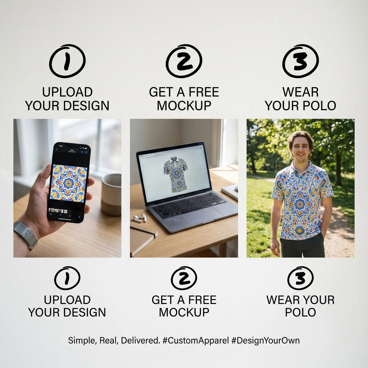 How to order a custom AOP polo in three steps: upload your design, get a free mockup, wear your polo