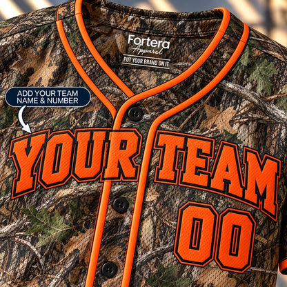 Close-up of the Hunter Camo camo softball jersey lettering and piping