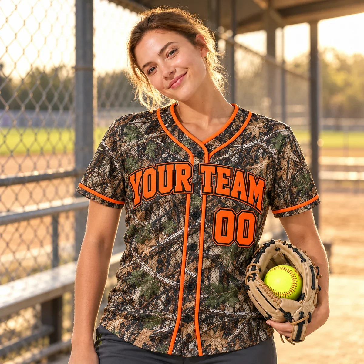 Hunter Camo camo softball jersey on a softball field