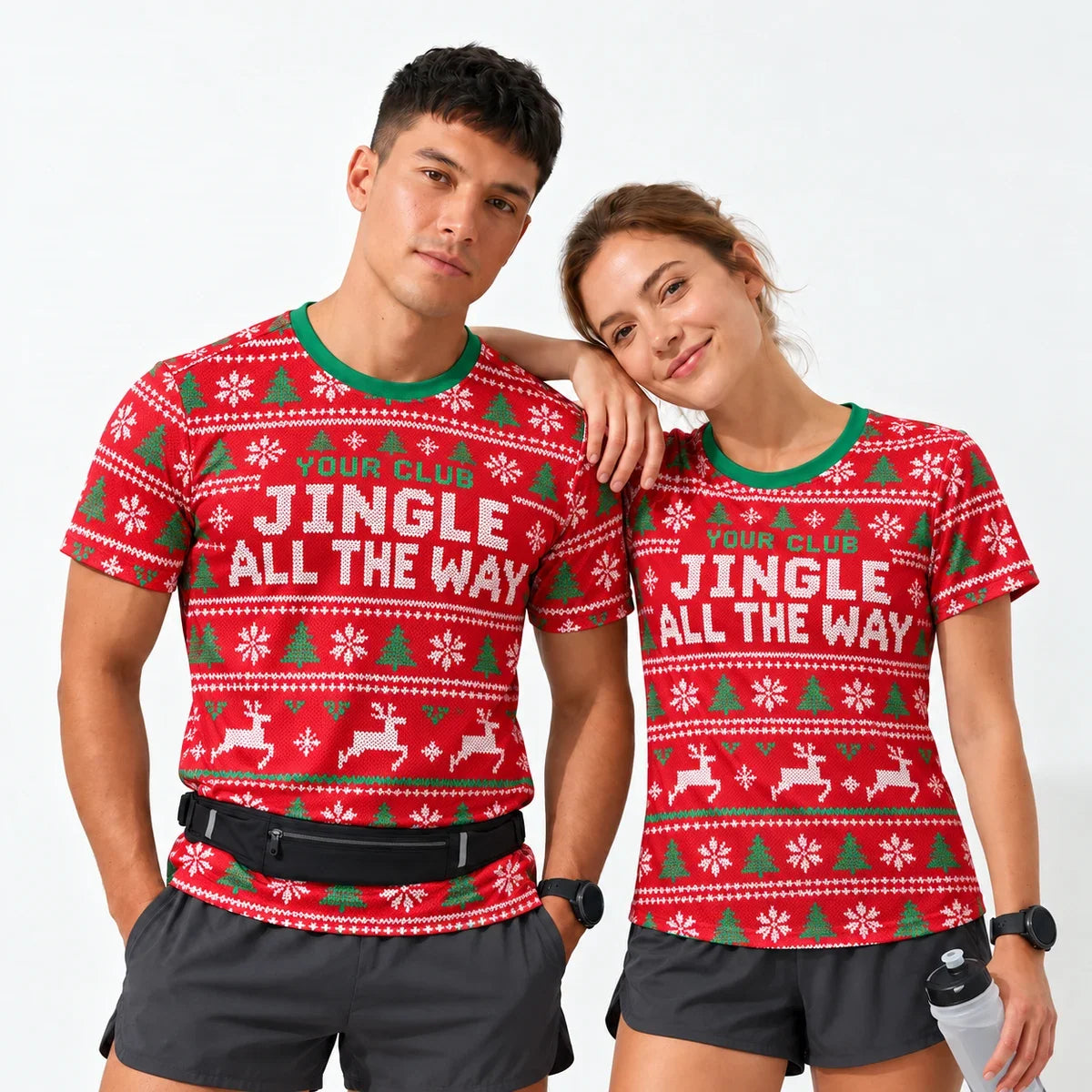 Jingle Knit Christmas Running Shirt worn by a man and a woman