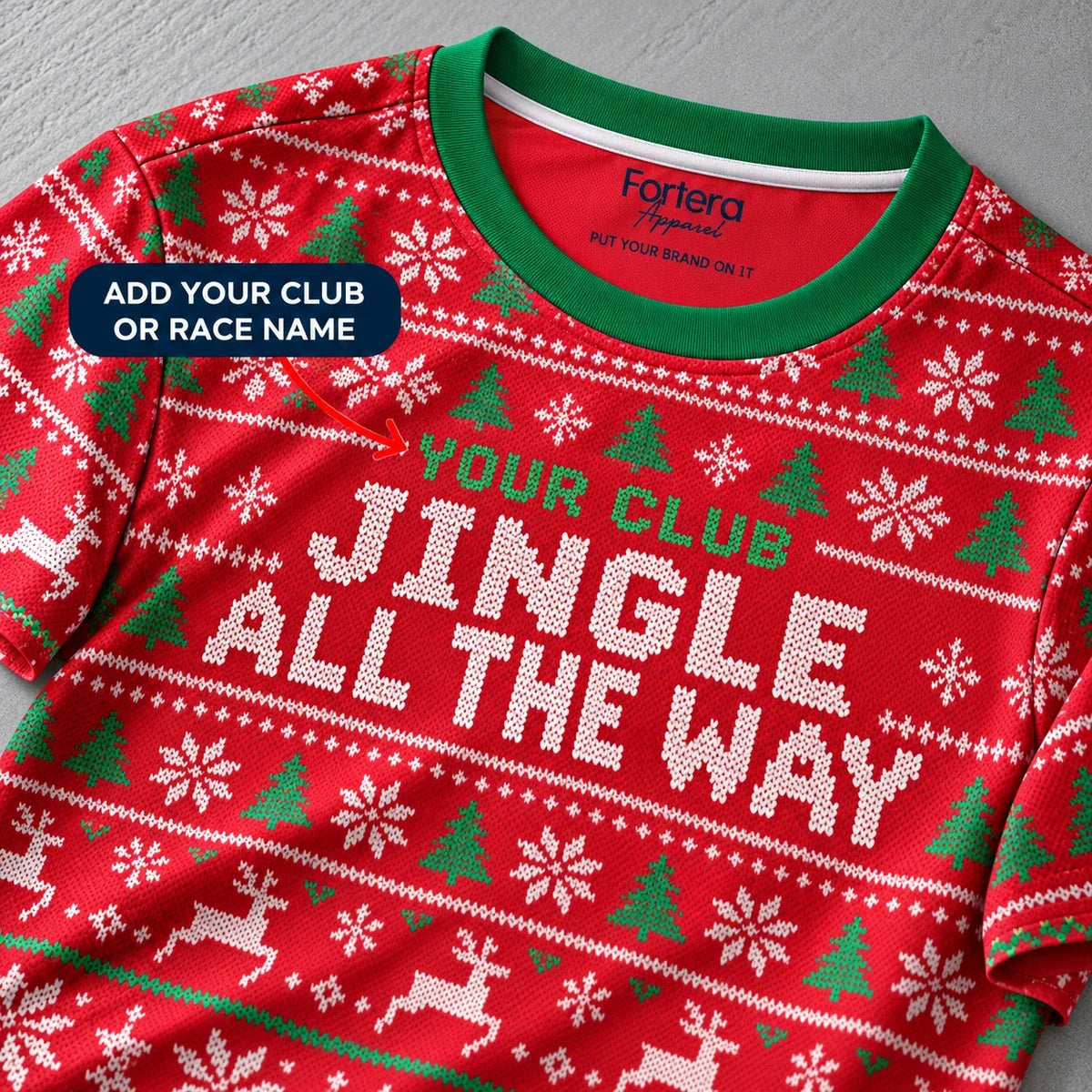 Close-up of the Jingle Knit Christmas Running Shirt design and neck label