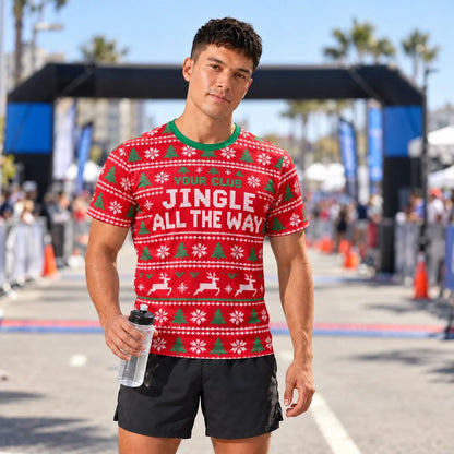 Runner wearing the Jingle Knit Christmas Running Shirt at a race finish line